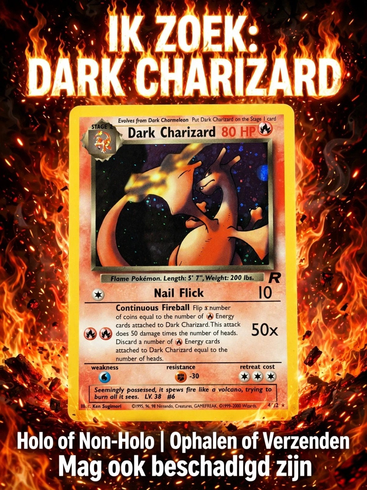 Gezocht: Dark Charizard, Ophalen of Verzenden, Gebruikt, Losse kaart