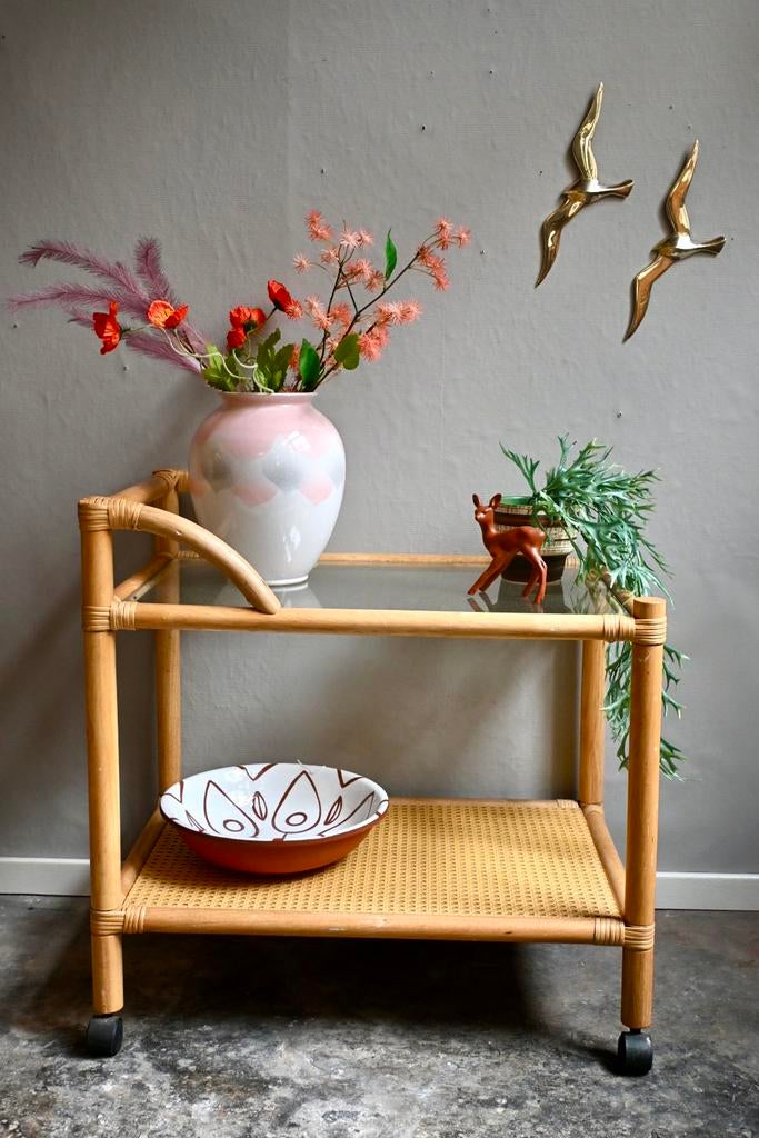 Vintage Serveerwagen van Bamboe en Rotan, Huis en Inrichting, Rotan, Minder dan 55 cm, Zo goed als nieuw, Rotan