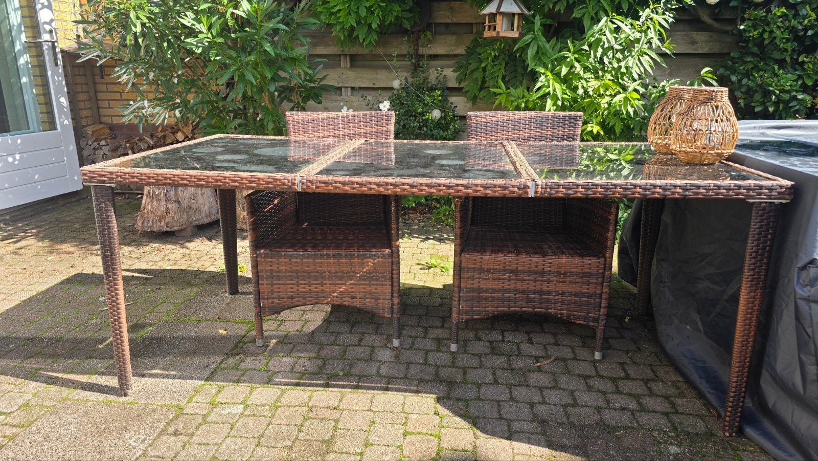 Tuintafel met glazen blad 190x90cm. - 8 zitplaatsen, Ophalen, Gebruikt, Eettafel, 8 zitplaatsen