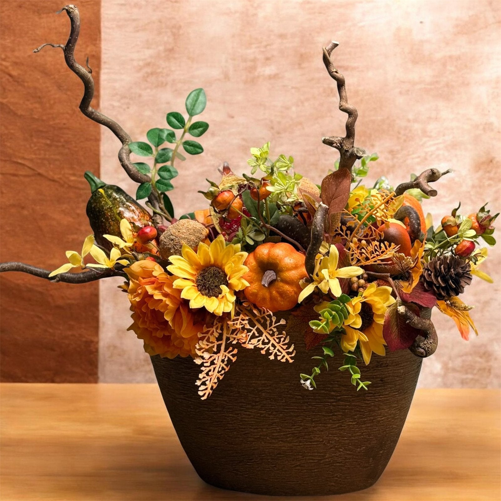 Zijden herfststuk opgemaakt in gouden pot(bootmodel), 60 cm, Handgemaakt, Ophalen of Verzenden, Fransidzesflowercreations