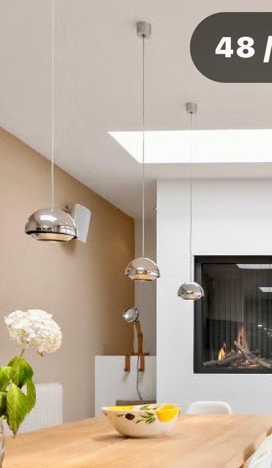 Set van 3 Delta Light design chromen hanglampen, Ophalen of Verzenden, Gebruikt, Metaal, Overige fittingen