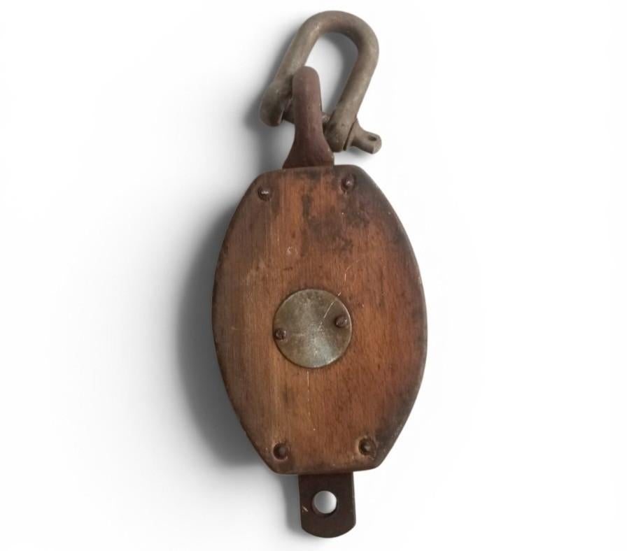 Grote Antieke Houten Katrol met IJzeren , Ophalen of Verzenden