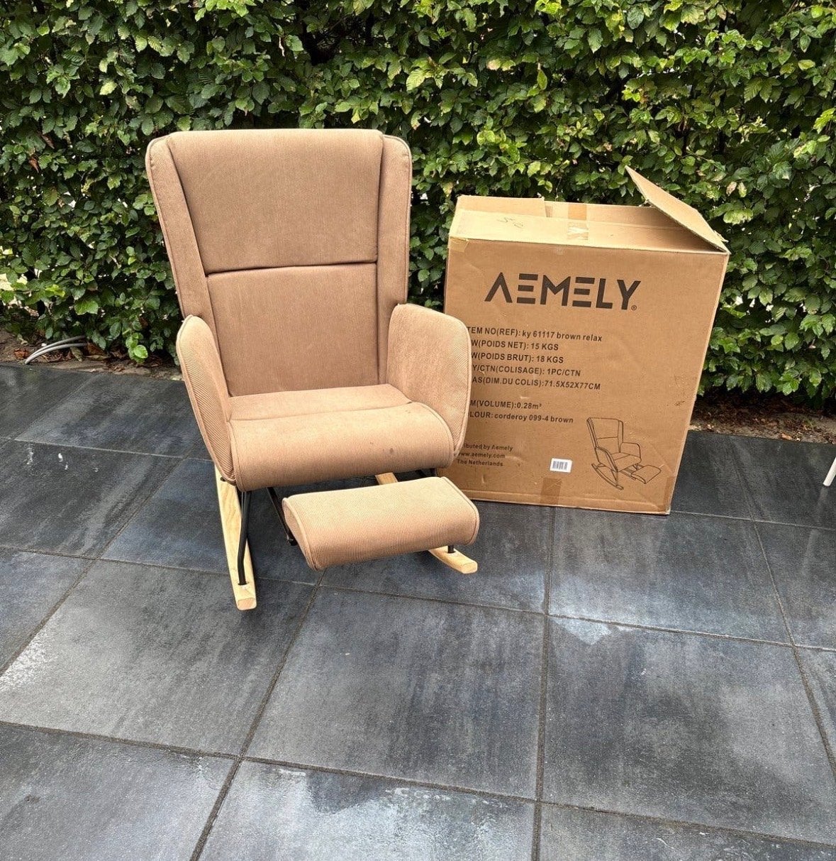 Amealy Relax Schommelstoel - Bruin Ribstof met Voetsteun, Ophalen, Bruin, Zo goed als nieuw, Eén