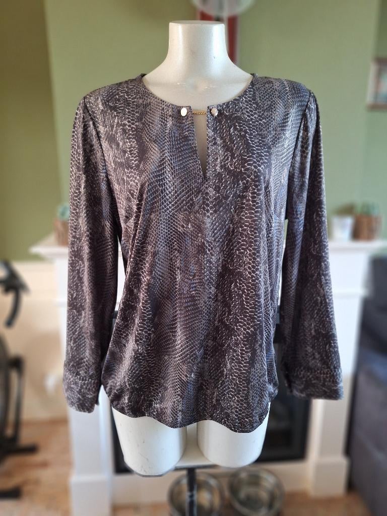 K-Design slangen print top lange mouw L grijs beige zwart, K-design, Overige kleuren, Maat 42/44 (L), Ophalen of Verzenden
