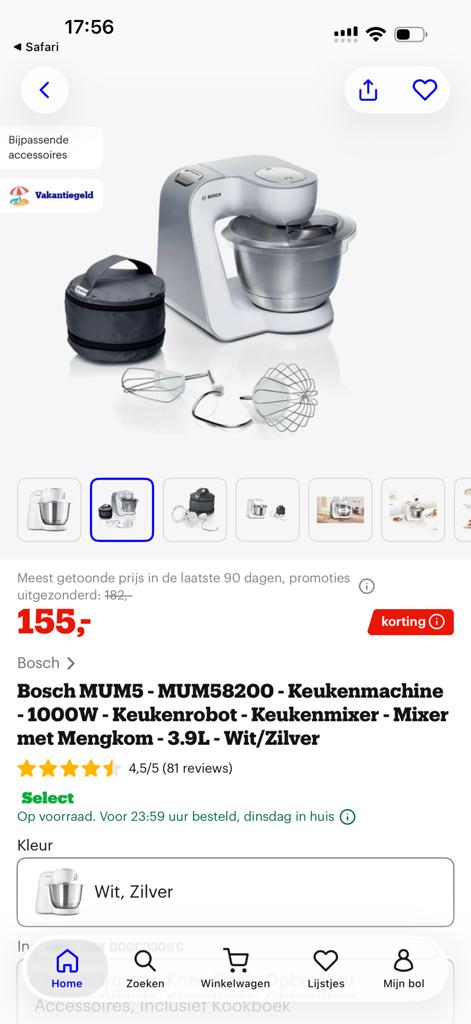 Bosch MUM5 Keukenmachine - 1000W - 3.9L - Wit/Zilver, Witgoed en Apparatuur, Keukenmixers, 3 tot 4 liter, Ophalen, Zo goed als nieuw