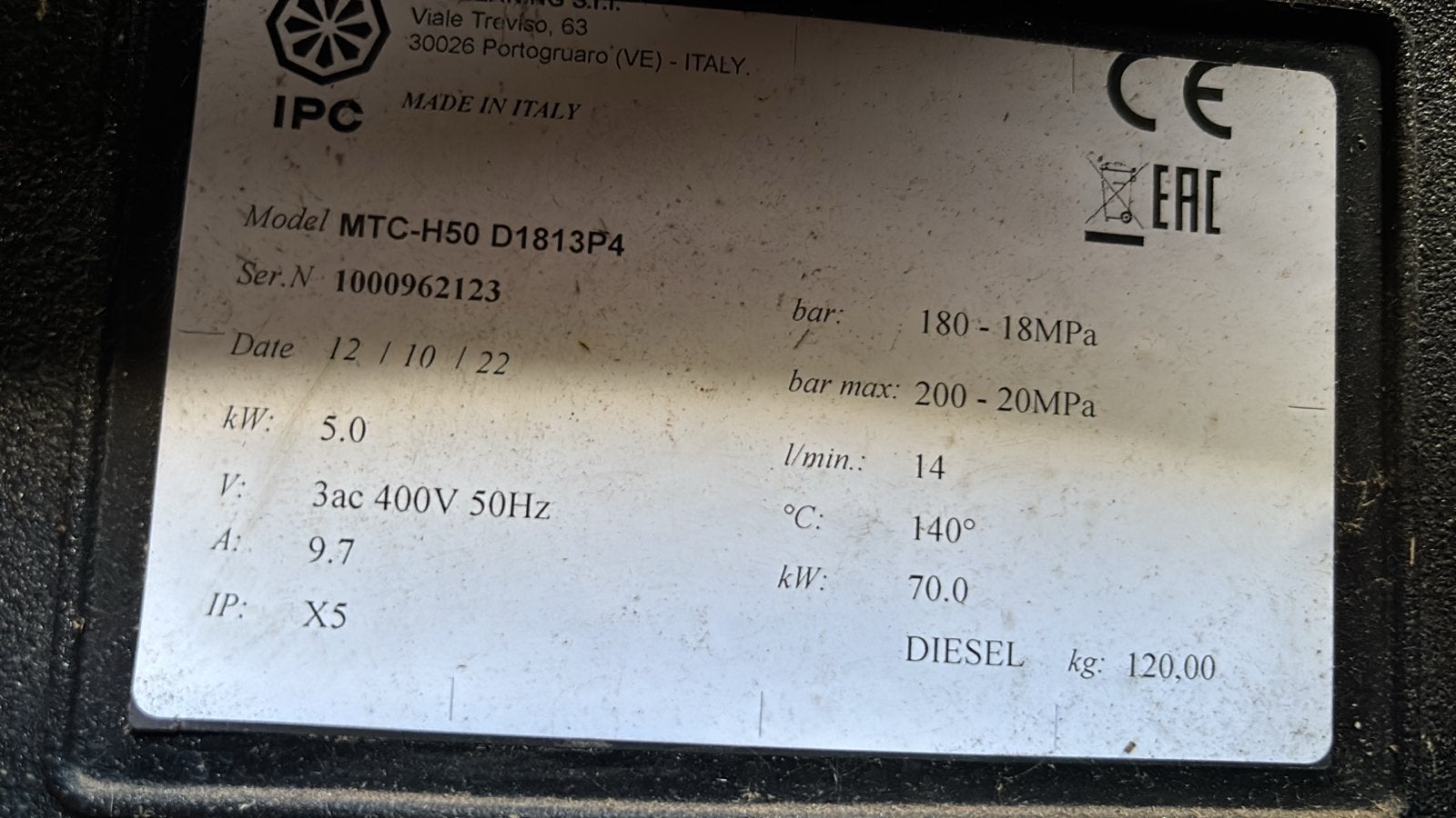Waterkracht Hogedrukreiniger Krachtstroom IPC MTC-H50, Ophalen, Gebruikt, Elektrisch, Met regelbare waterdruk