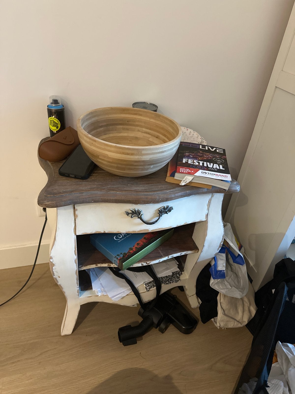 Vintage nachtkastje met lade en open vak, Ophalen, Gebruikt, 55 tot 70 cm, 45 tot 65 cm