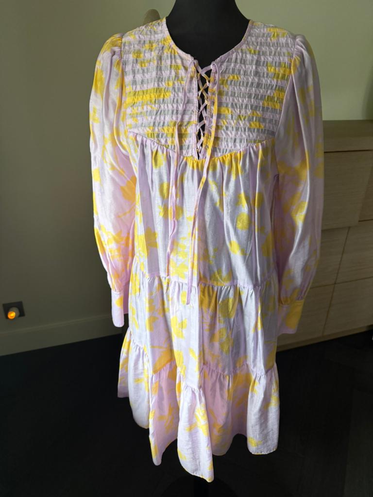 Lila/Geel Gebloemde Tuniek met Veterhals, Maat 38/40 (M), Paars, Ophalen of Verzenden, Zo goed als nieuw
