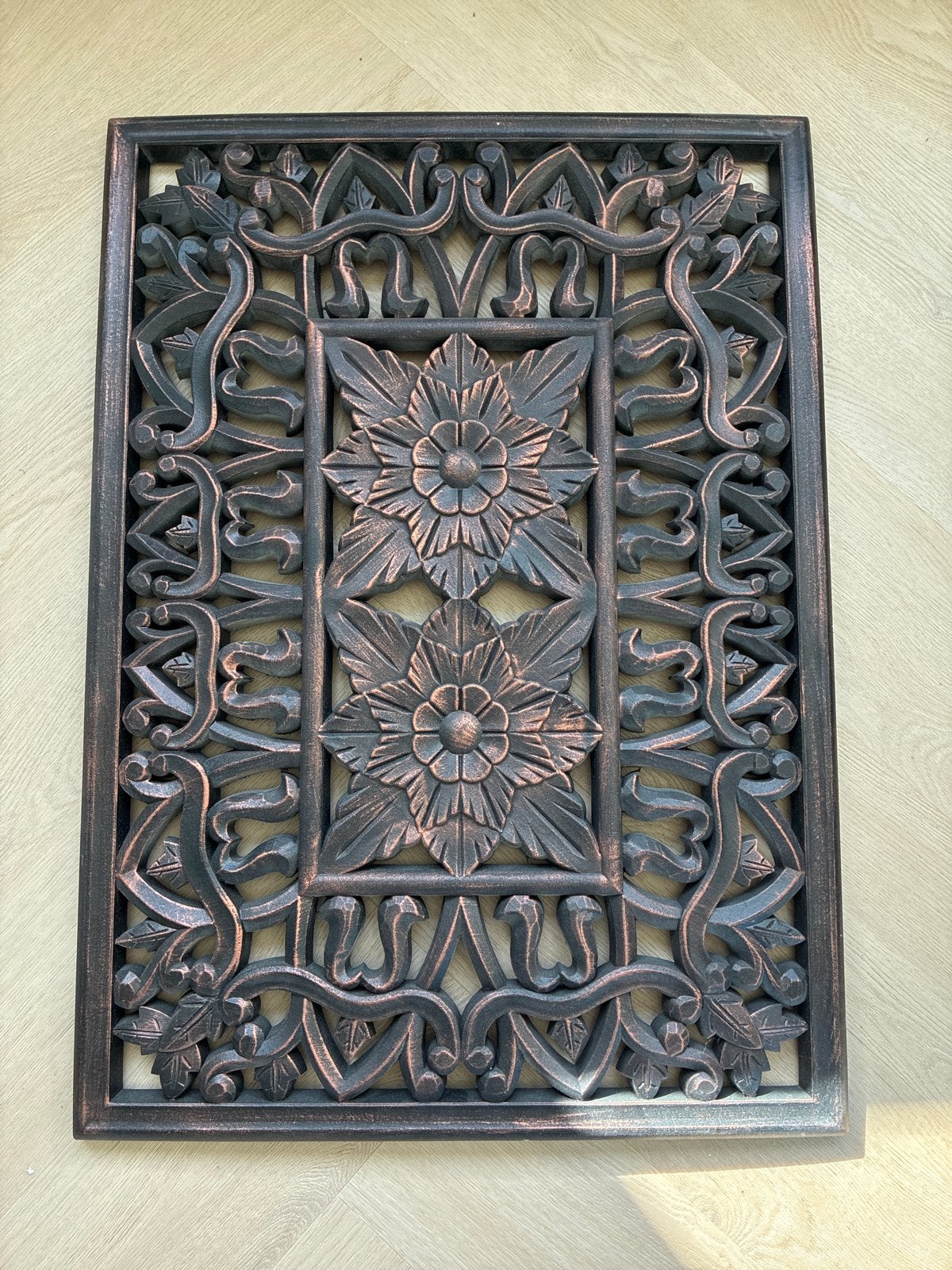 Prachtig handgemaakt houten wandpaneel met bloemmotief, Oosters, Hout, Ophalen of Verzenden, Zo goed als nieuw