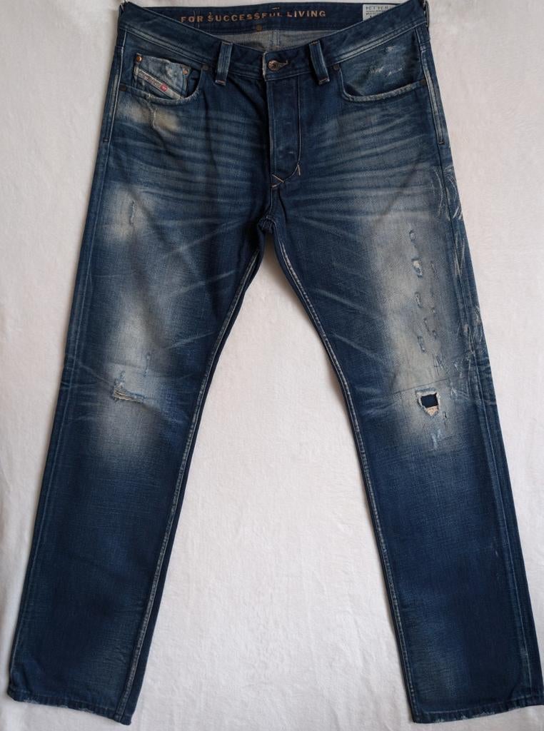 Diesel Larkee Jeans 34 X 34 Straight Distressed 0074Y Italy, Diesel, Blauw, Ophalen of Verzenden, W33 - W34 (confectie 48/50)