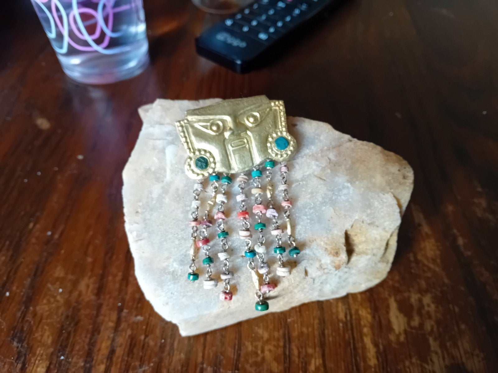 Inca Stijl Zilveren & Messing Broche/Hanger met Natuurstenen, Sieraden, Tassen en Uiterlijk, 4 tot 7 cm, Gebruikt, Ophalen of Verzenden