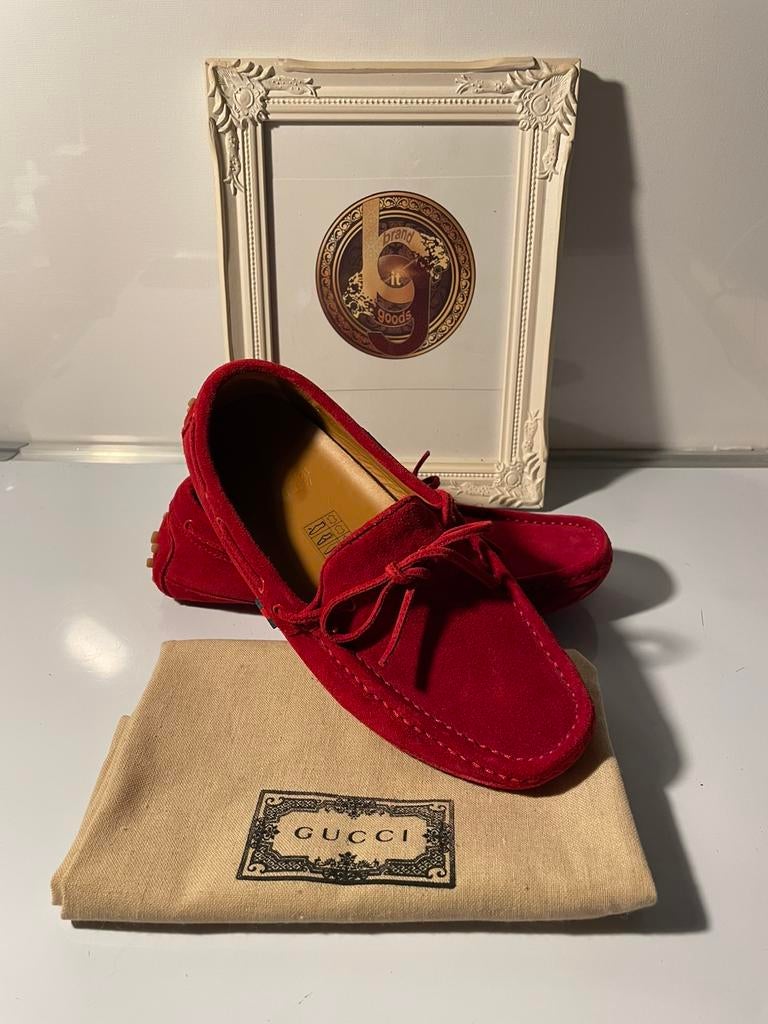 Gucci Red Suede Driving Loafers Moccasins NEW EU 34 Dust Bag, Nieuw, Ophalen of Verzenden, Espadrilles of Moccasins, Rood