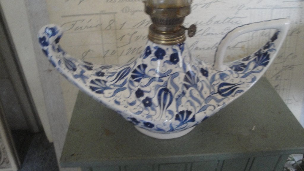 antieke delfs blauwe olieof petrolium lamp, Ophalen of Verzenden