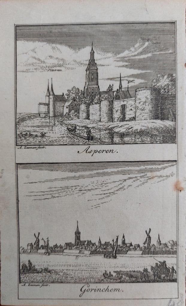 3 / Asperen en Gorinchem - Gravure A. Zeeman uit 1730, Antiek en Kunst, Kunst | Etsen en Gravures, Ophalen of Verzenden