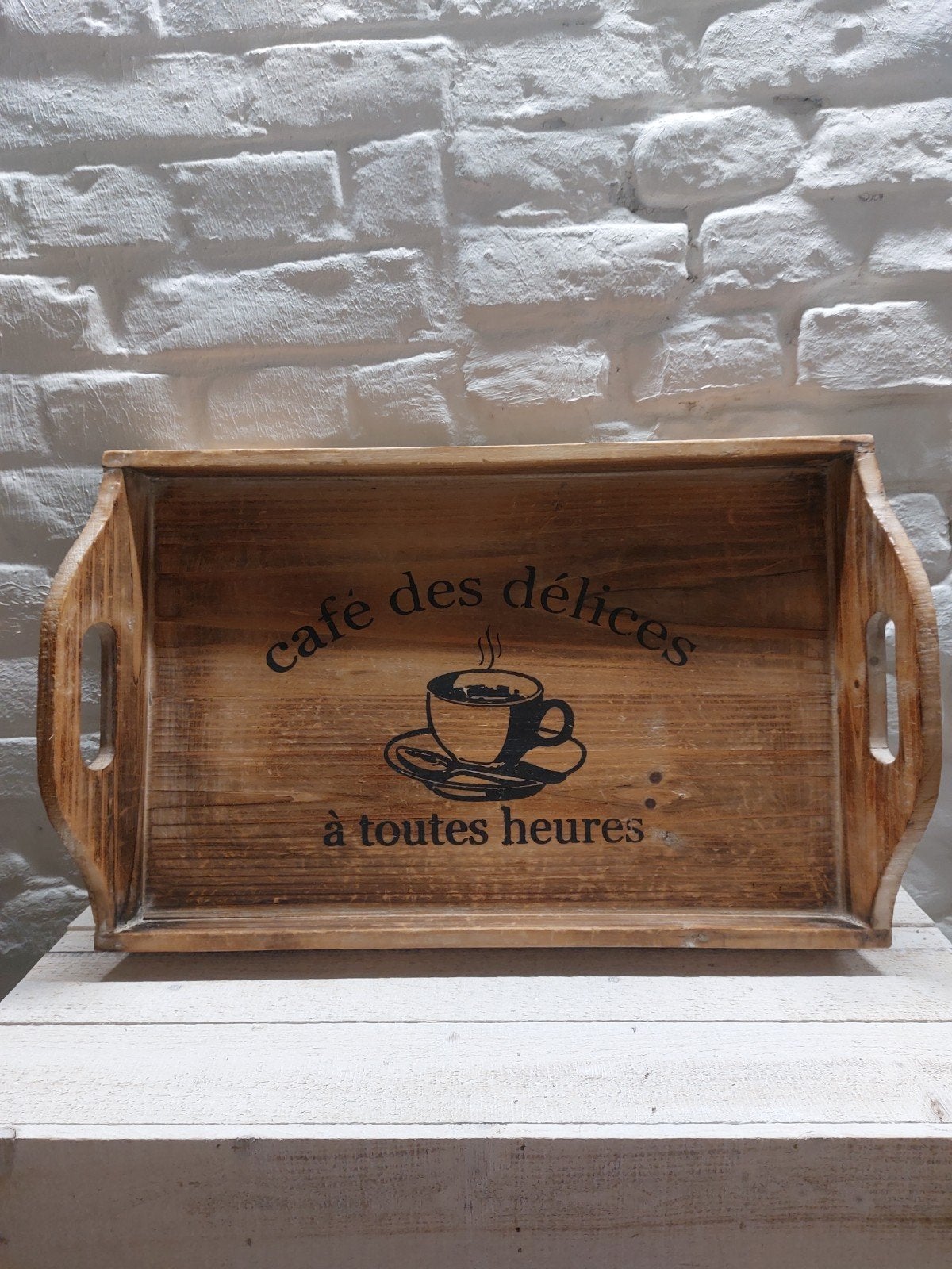 Houten dienblad met 'café des délices' opdruk, Gebruikt, Verzenden, Dienblad, Met afbeelding/tekst