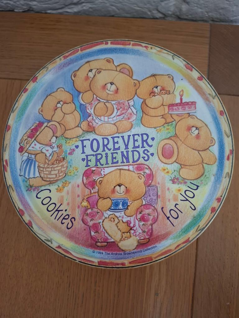 Vintage bewaarblik/koekblik Forever Friends. 1994. H8. Ø18,5, Ophalen of Verzenden, Gebruikt, Koek(jes)
