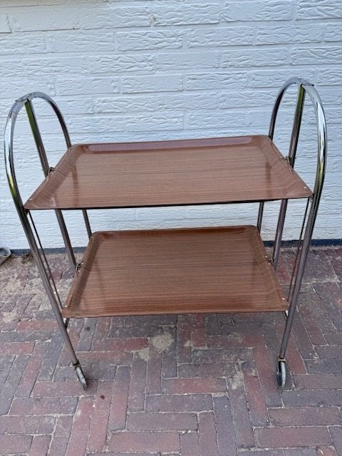Theewagen, vintage, chroom/kunststof, wieltjes, Ophalen