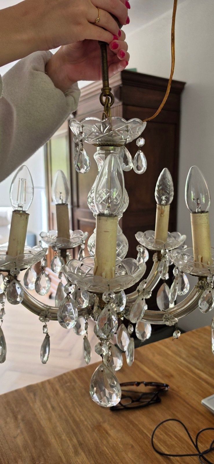 Klassiek kristallen kroonluchter glas., Ophalen, Gebruikt, Klassiek, E14 (klein)