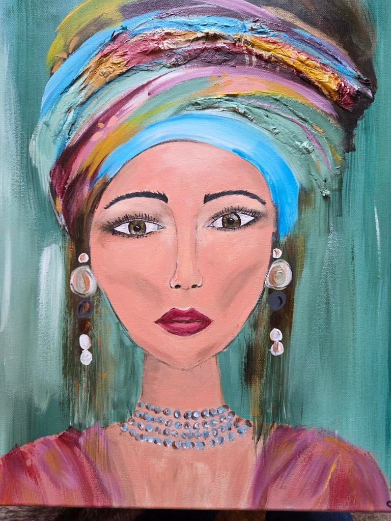 Schilderij van een vrouw met hoofddoek, Antiek en Kunst, Ophalen of Verzenden