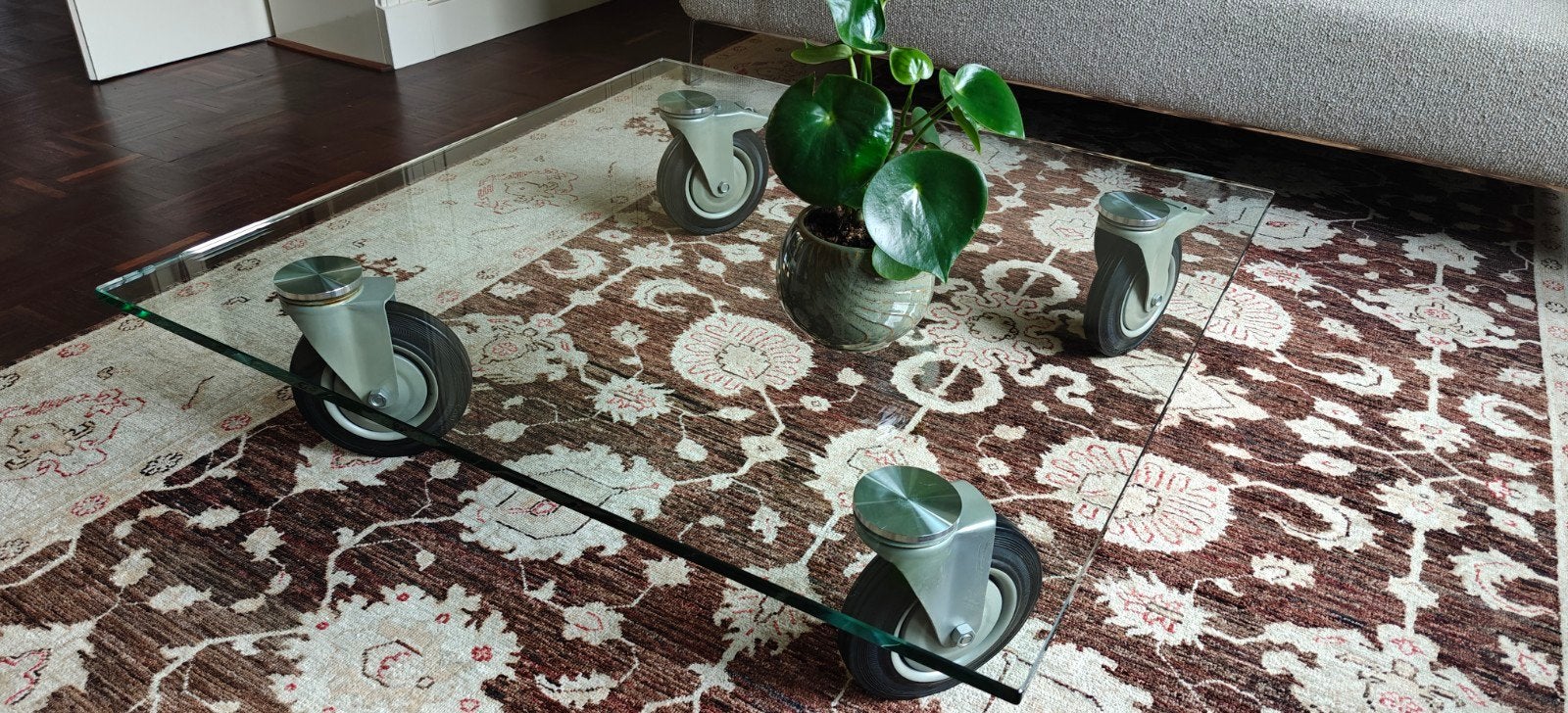 salontafel, glazen blad op wielen, Ophalen, Gebruikt, 50 tot 100 cm, Vierkant