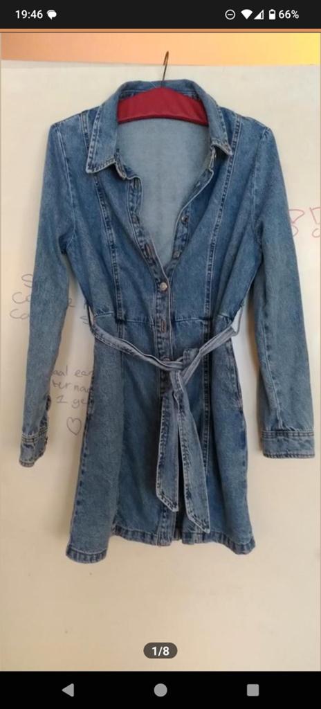 Denim jas, lang model spijkerjack, Stradivarius, L, Blauw, Maat 42/44 (L), Ophalen of Verzenden, Zo goed als nieuw