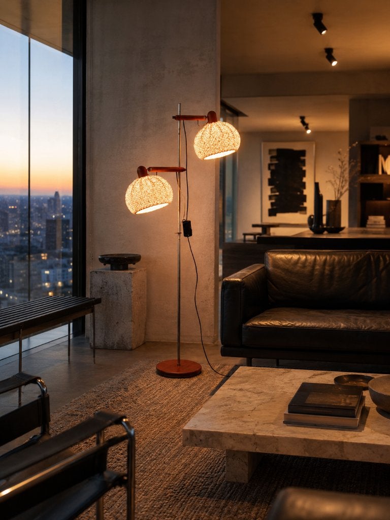 Deens Design vloerlamp teak & geweven kappen  jaren '60/'70, Ophalen, Gebruikt, Natuurlijk materiaal, E27 (groot)