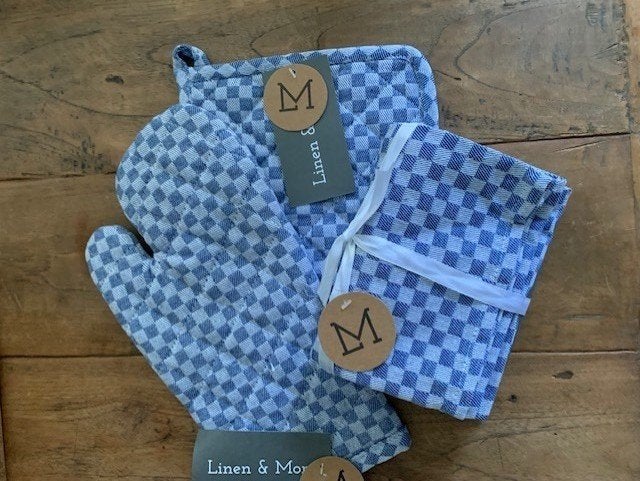 NIEUW !!! Keukenset blauw ruit (set van 3) B Living, Katoen, Overige typen, Nieuw, Ophalen of Verzenden