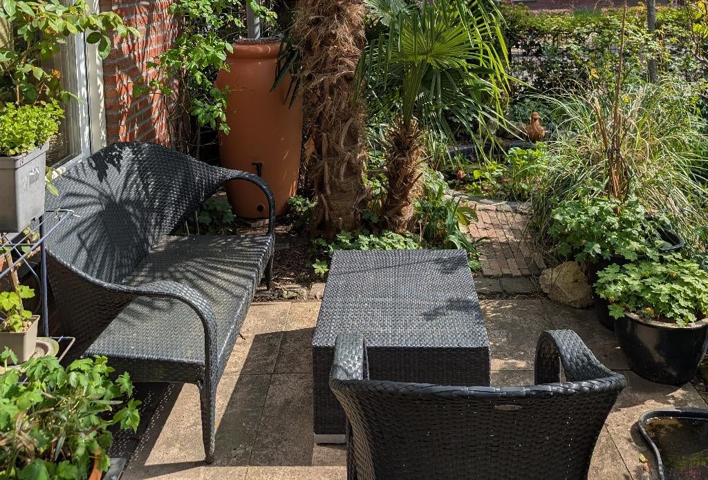 Tuinbank en 2 fauteuils, Tuinset zwart, Ophalen, 4 zitplaatsen, Gebruikt, Wicker