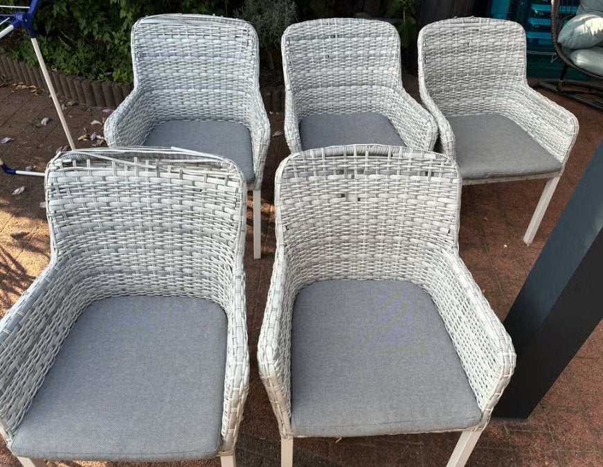 5 fijne tuinstoelen met kussen, Ophalen, Gebruikt, Kunststof, Stapelbaar