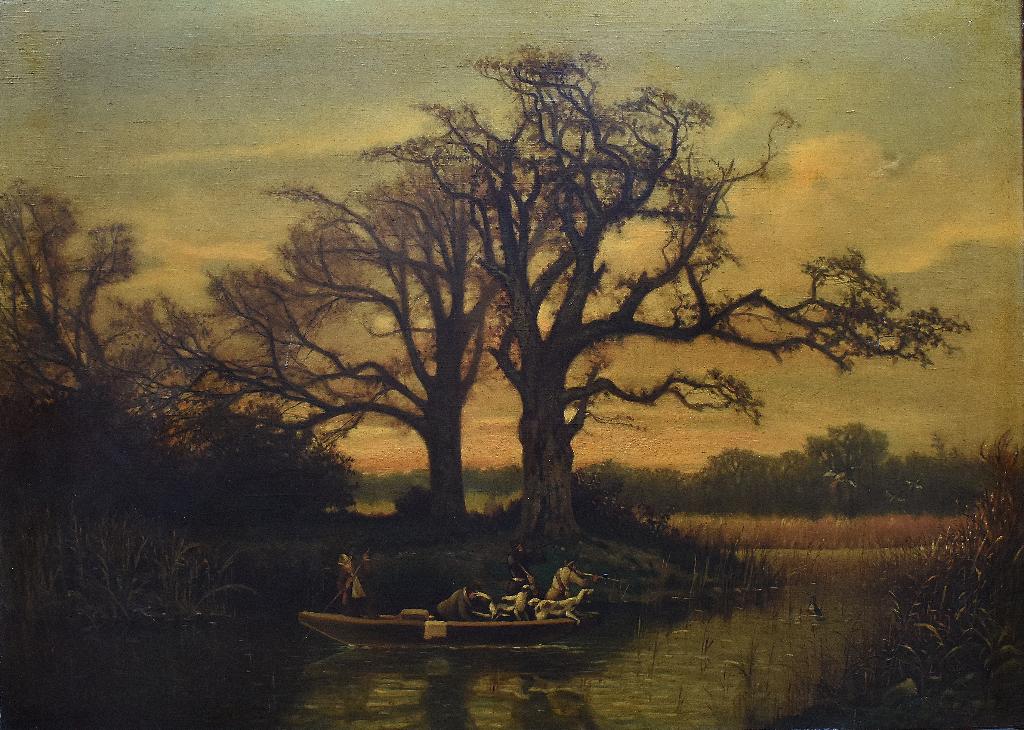 P.van Goossens 1877=Groot romantisch landschap=eendenjacht., Antiek en Kunst, Kunst | Schilderijen | Klassiek, Ophalen