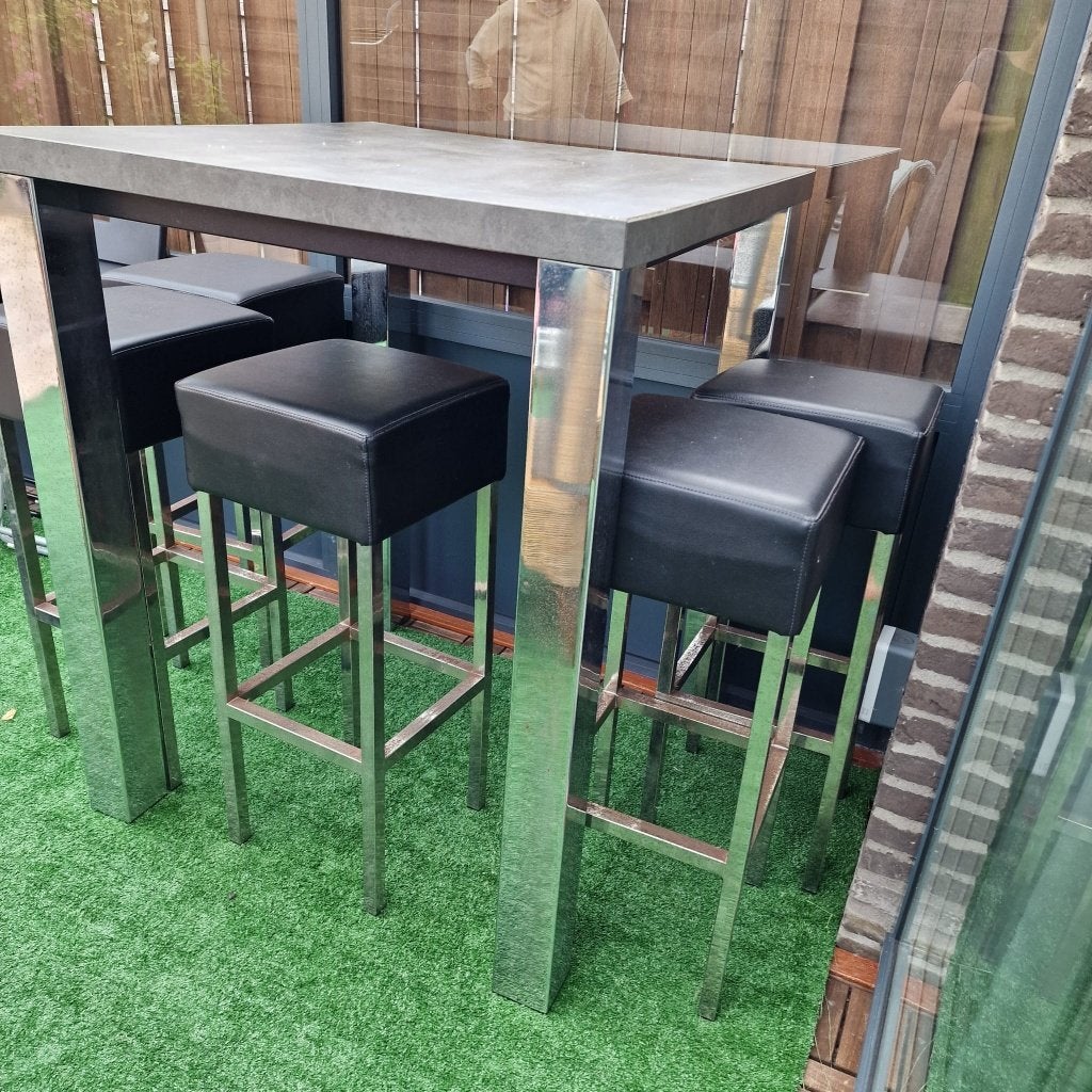 5 barkrukken en bartafel, Leer, Ophalen of Verzenden, 90 cm of meer, Gebruikt