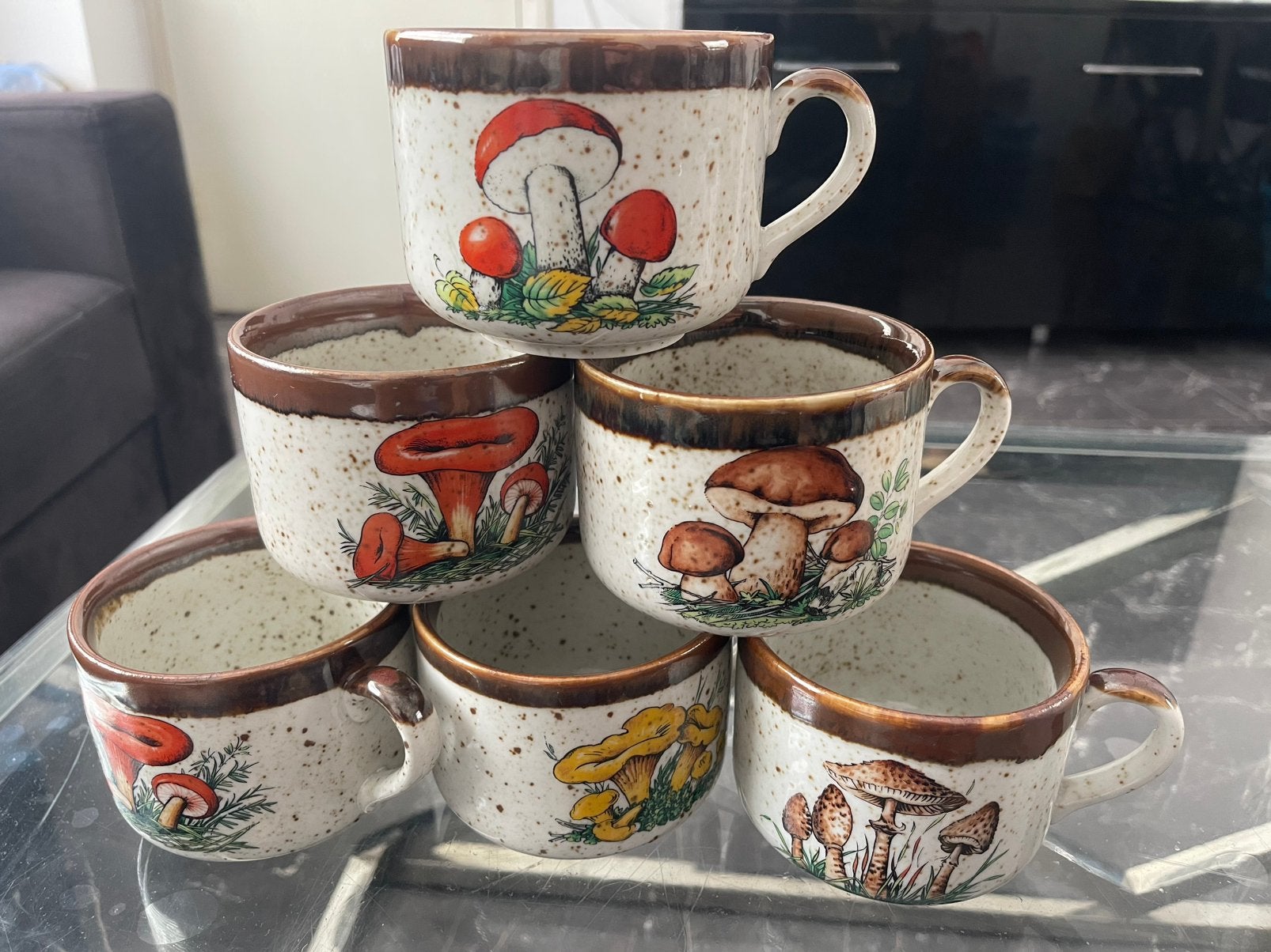 6 vintage keramische mokken/kopjes met paddenstoelen, Ophalen