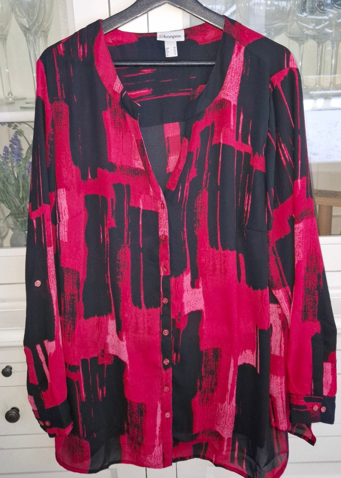 Prachtige rood zwarte blouse als nieuw mt 48/50, Ophalen of Verzenden, Zo goed als nieuw, Rood, Blouse of Tuniek