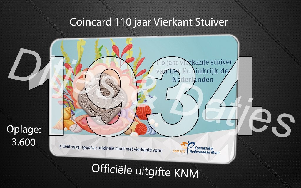 Vierkante stuiver in coincard KNM 1934, Ophalen of Verzenden, Koningin Wilhelmina, 5 cent