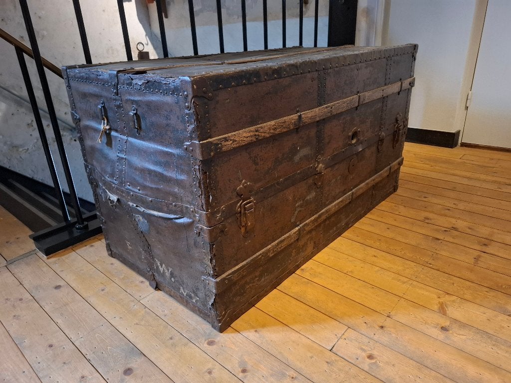 superstoere oude grote scheepskist, transportkist, dekenkist, 50 – 75, Gebruikt, 100 tot 150 cm, Scheepskist