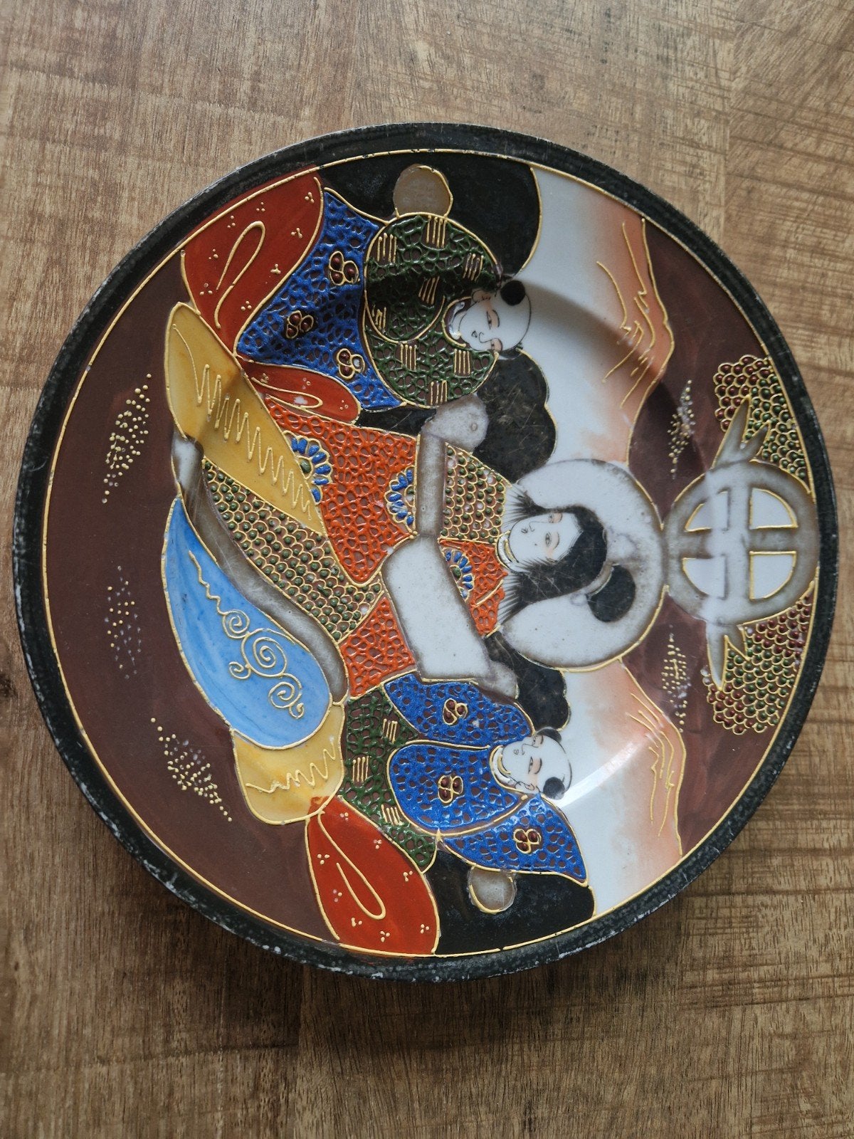 Antiek Japans Satsuma Aardewerk Bord met Figuren, Ophalen of Verzenden