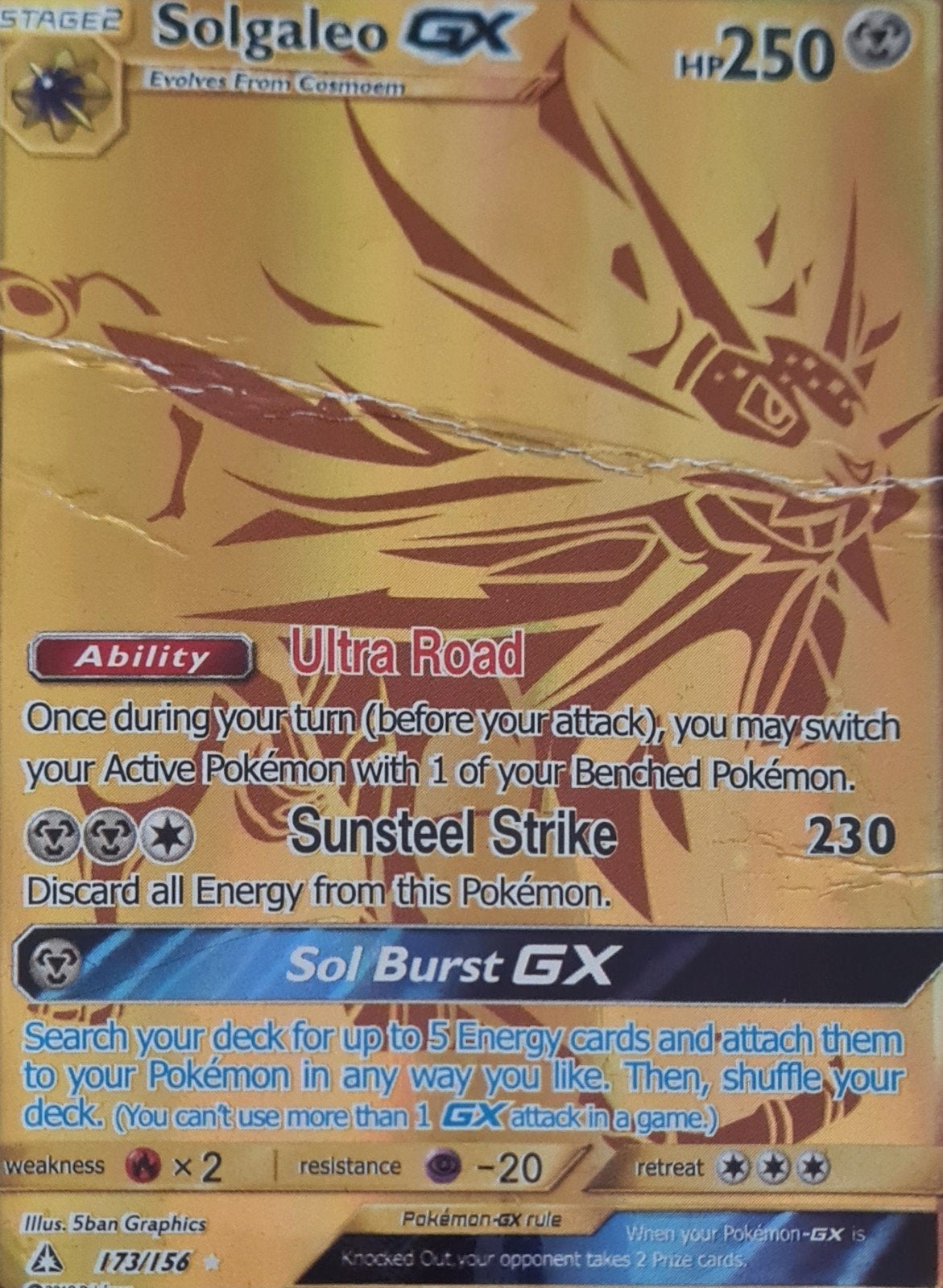 Pokémon kaart - Solgaleo GX 173/156 Gold Secret Rare, Ophalen of Verzenden, Gebruikt, Losse kaart