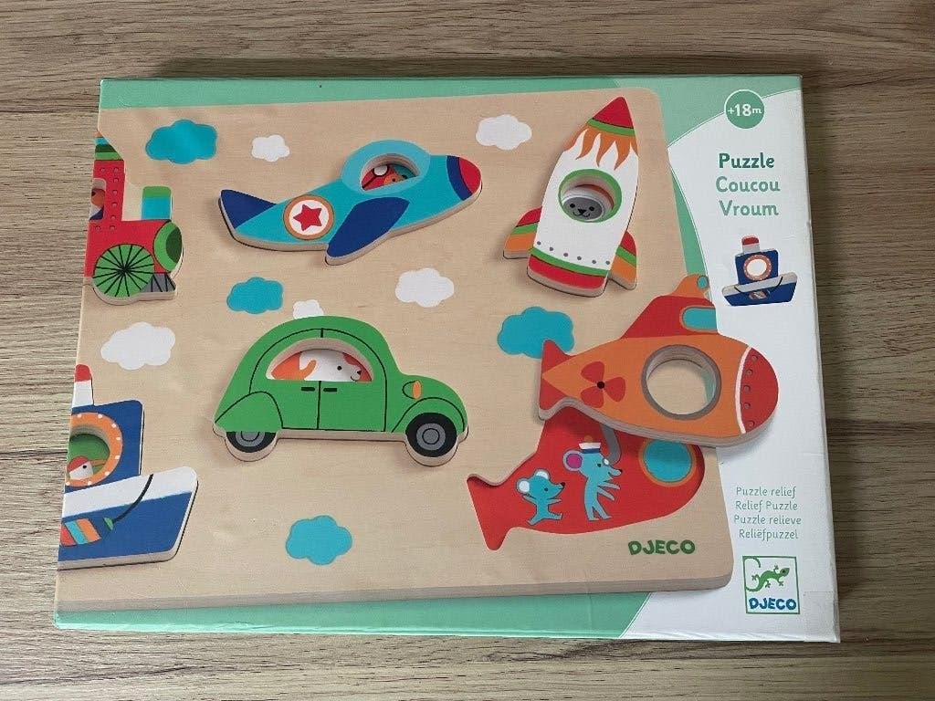 Djeco puzzel voertuigen, Ophalen of Verzenden, Zo goed als nieuw, Van hout, Minder dan 10 stukjes