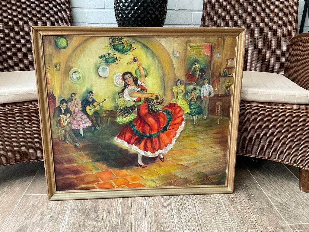 Vintage schilderij olie op doek Flamenco danseres, Ophalen