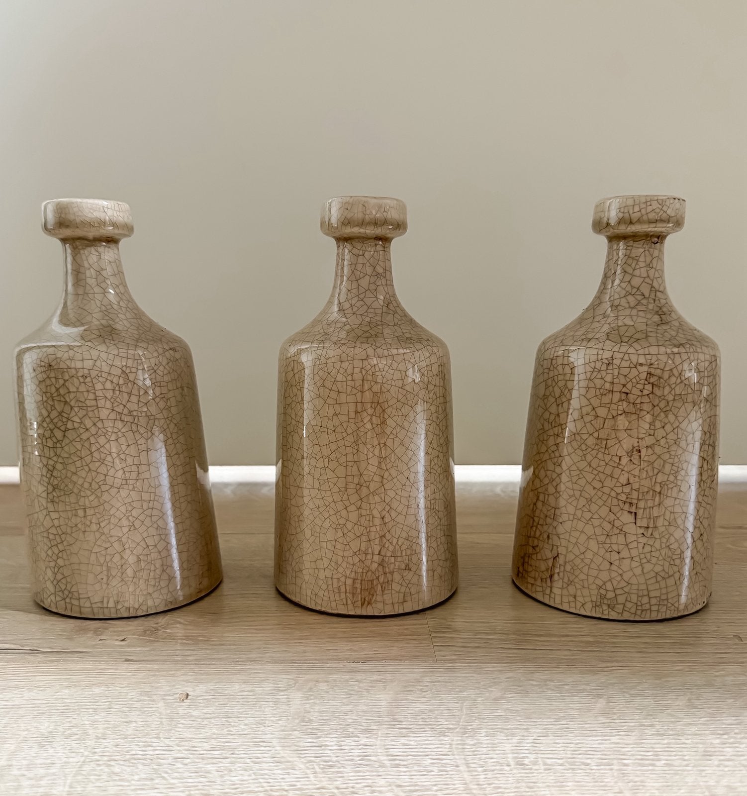 VAZEN TAUPE set van 3 – craquelé keramiek, Huis en Inrichting, Woonaccessoires | Vazen, Ophalen, 21 cm, Bruin, Zo goed als nieuw