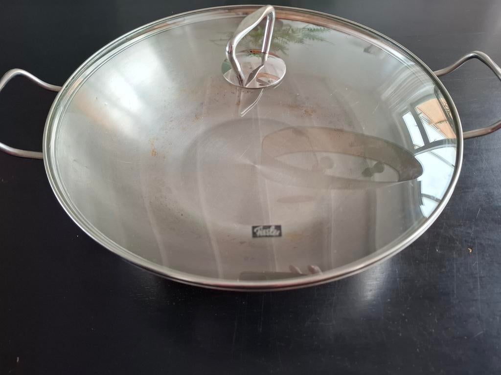 Fissler Wokpan met Glazen Deksel - RVS, Ophalen, Gebruikt, Rvs, Wok