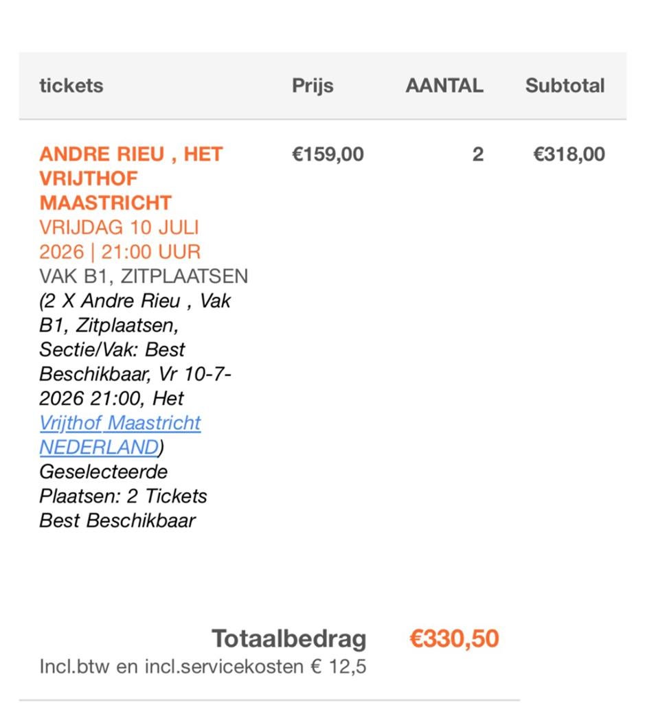 2 kaarten Andre Rieu 10 juli, Twee personen, Juli