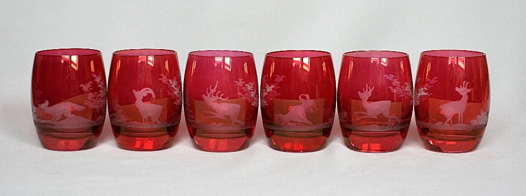 Cranberry geslepen glaasjes Diverse Bos Dieren, Antiek en Kunst, Antiek | Glas en Kristal, Ophalen of Verzenden