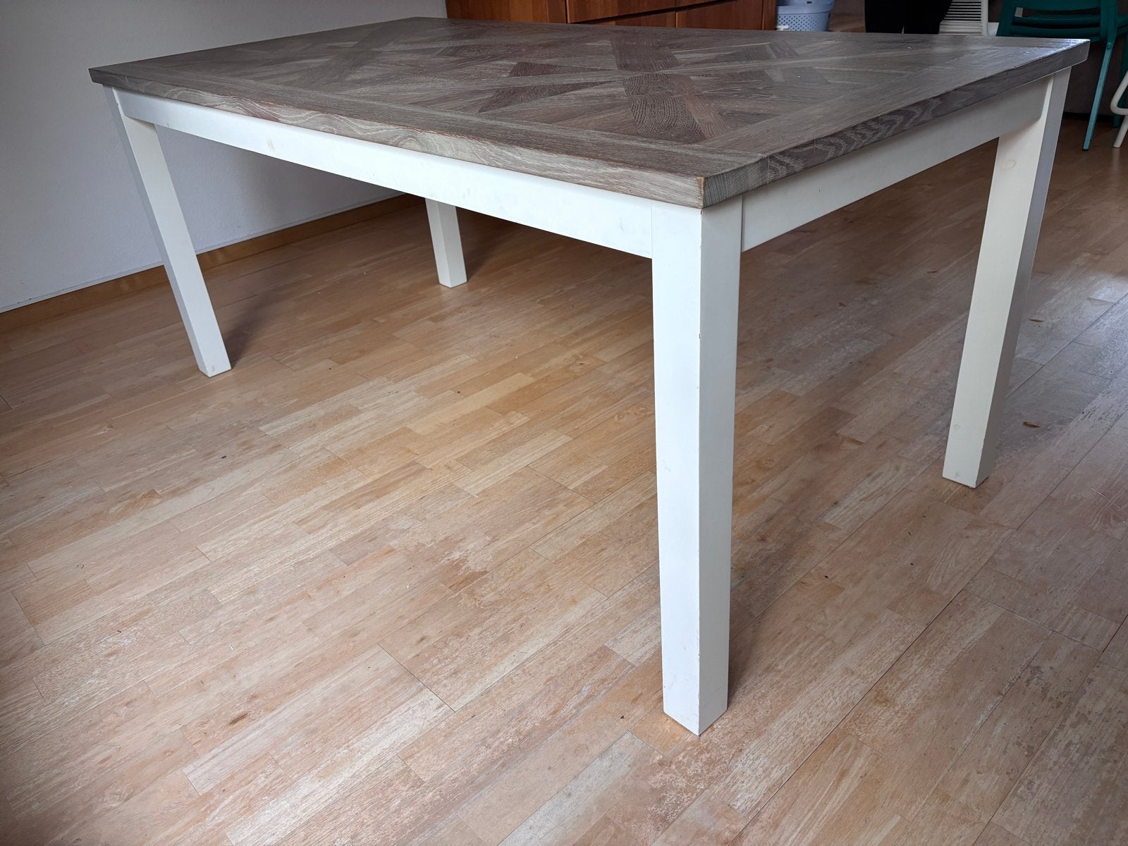 Eettafel met houten blad en witte poten (180x90x78cm), Ophalen, Gebruikt, 50 tot 100 cm, 150 tot 200 cm