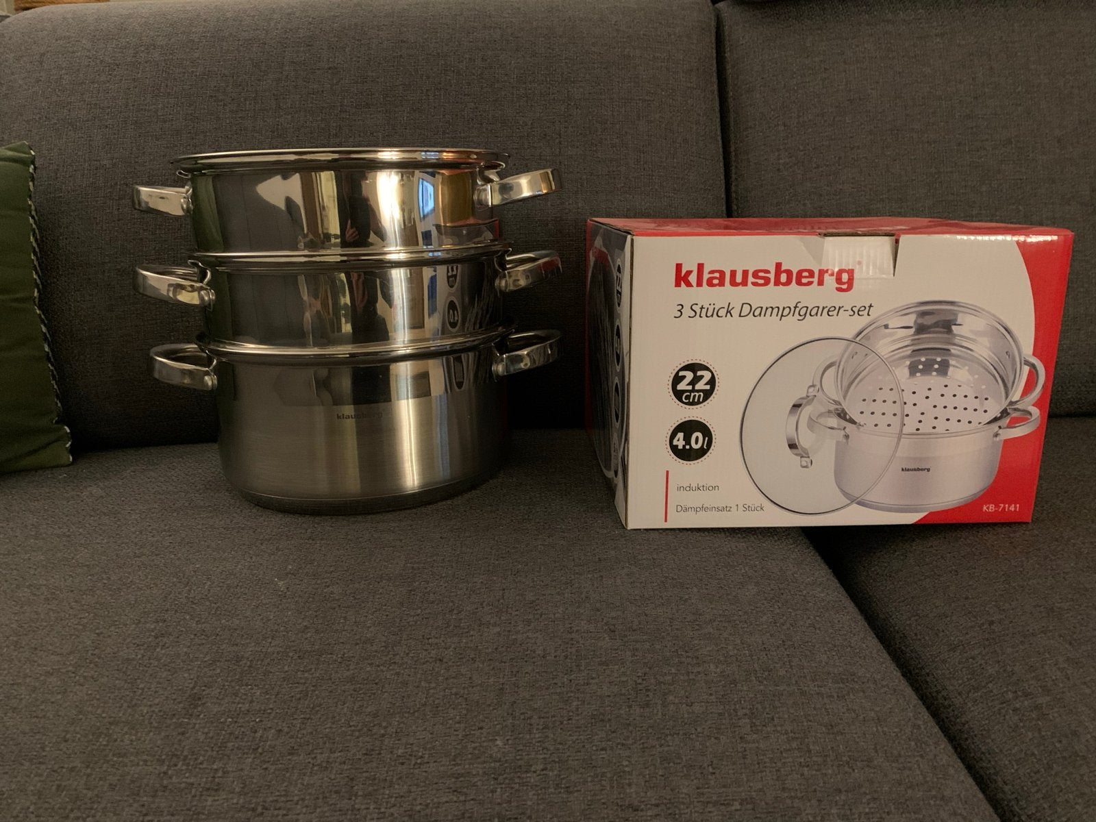 3-delige RVS stoompan set van Klausberg - 22cm, 4l, Ophalen, Geschikt voor inductie, Pannenset, Zo goed als nieuw