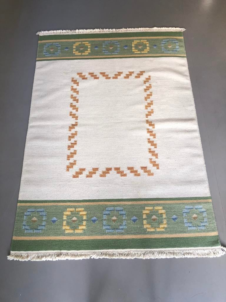 Vintage Zweedse röllakan, wollen handgeweven vloerkleed, Scandinavisch design, 100 tot 150 cm, Groen, Ophalen of Verzenden