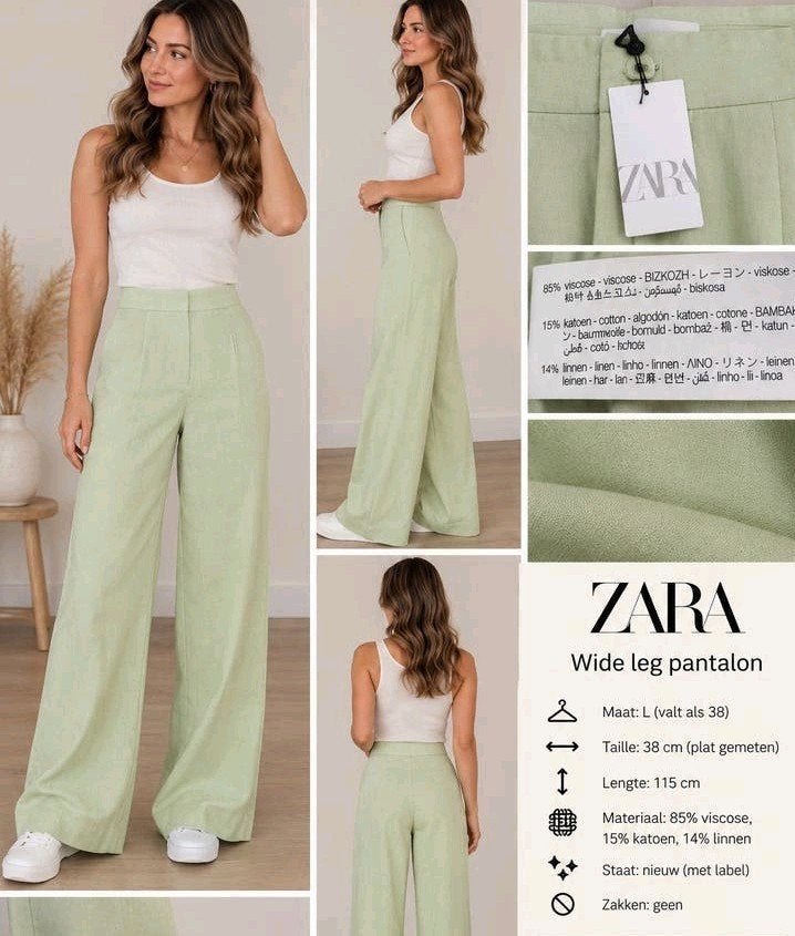 Zara Wide Leg Pantalon Lichtgroen - Nieuw met kaartje, Kleding | Dames, Maat 38/40 (M), Zara, Nieuw, Ophalen of Verzenden
