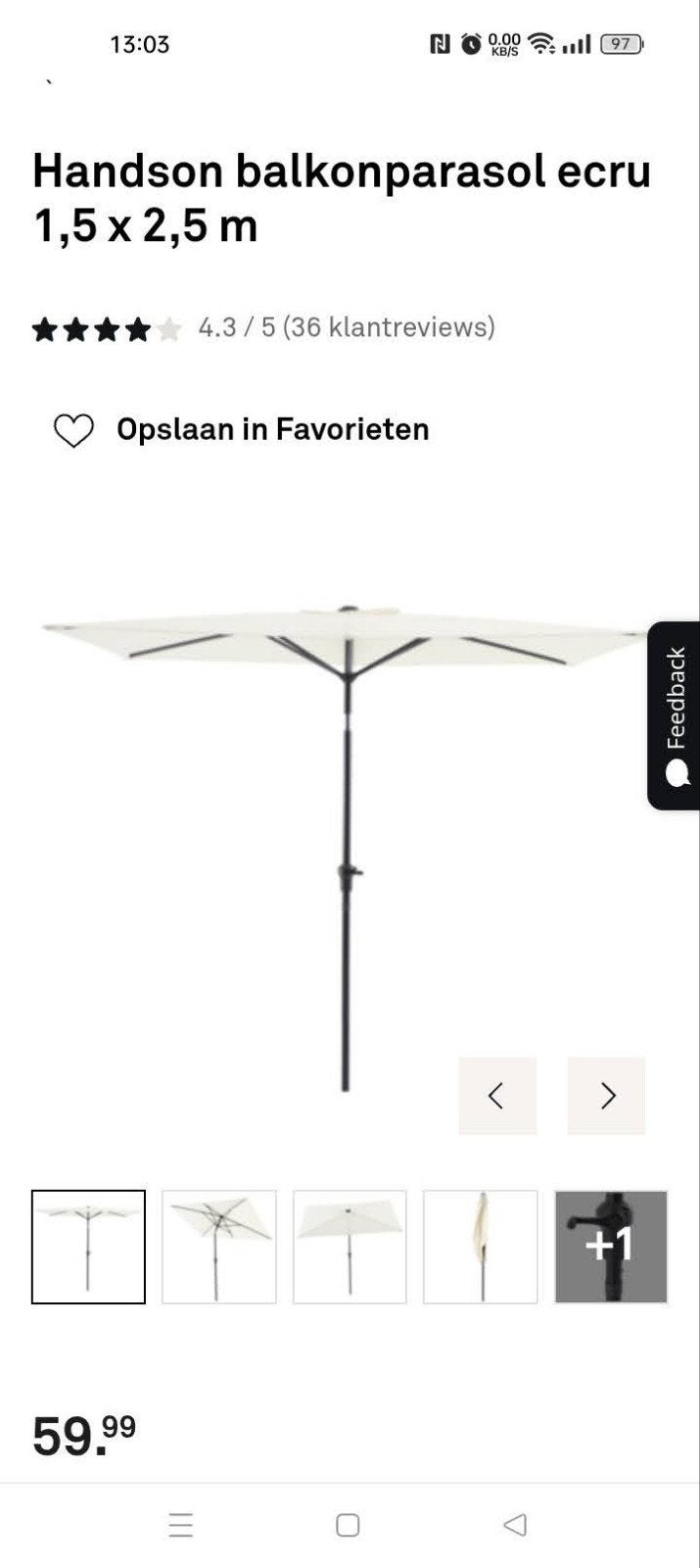 Handson Balkonparasol + voet (zie beschrijving), Tuin en Terras, Parasols, Ophalen, Minder dan 1 meter, Parasolvoet, Kantelbaar