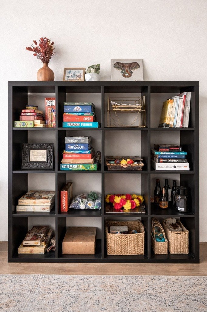 IKEA KALLAX 4x4 Kast – Zwartbruin – Goede Staat, Ophalen, Met plank(en), 100 tot 150 cm, 100 tot 150 cm