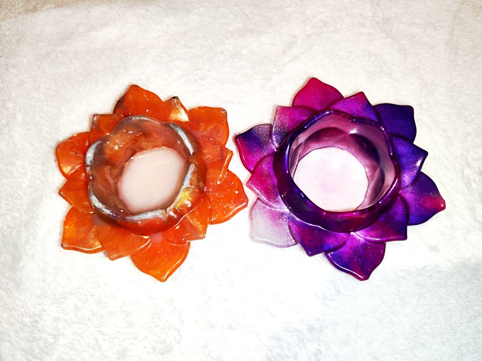Set van 2 lotus waxinelichthouders, oranje en paars, Overige materialen, Meerkleurig, Overige merken, Waxinelichthouder